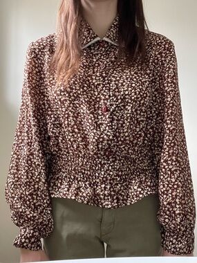 Floral Smocked Hem Long-Sleeve Blouse - Brown/Cream